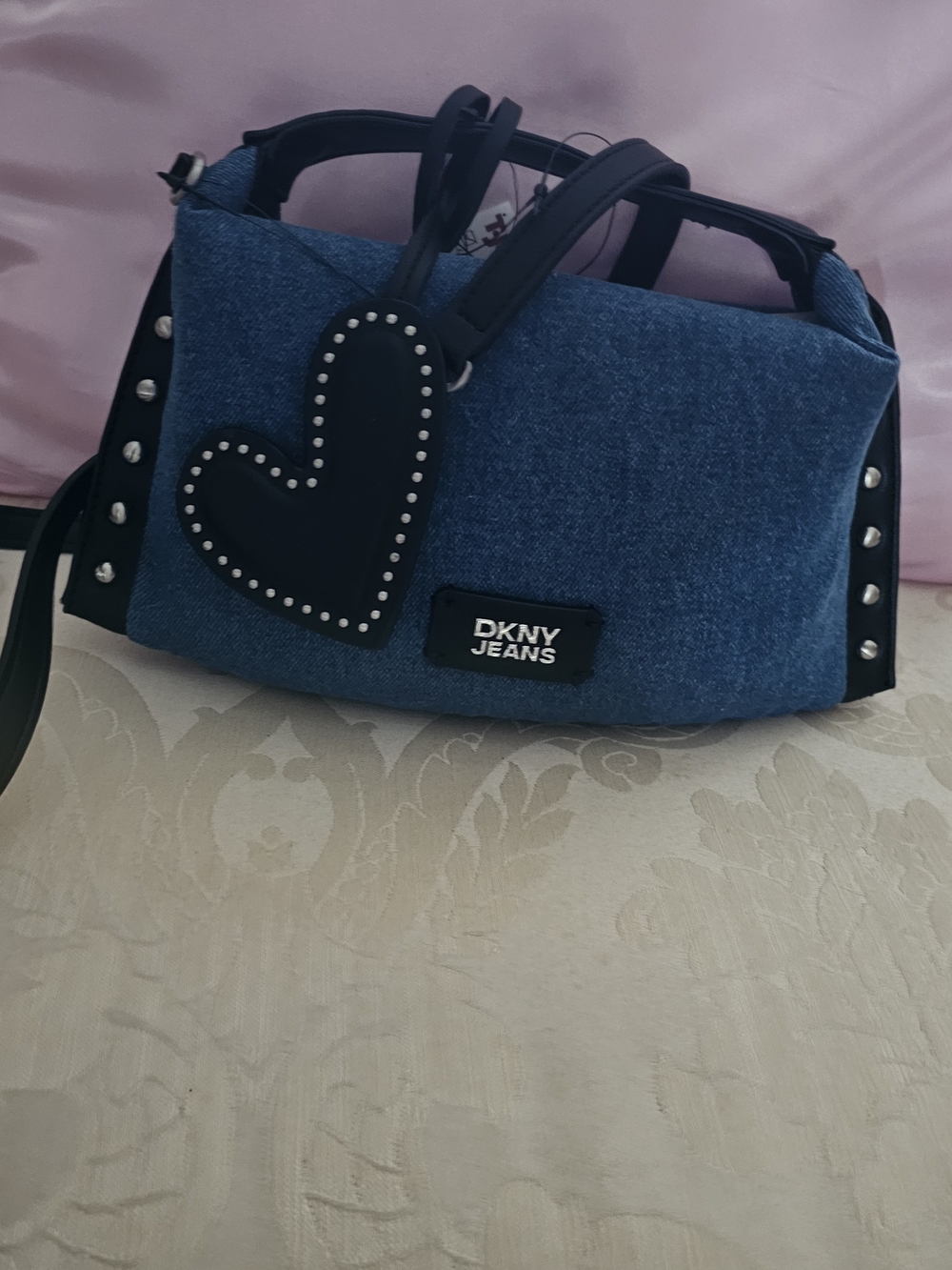 Dkny Denim Crossbody with Black Heart Charm and Studs